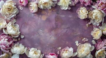 Pink and White Peonies Arranged in a Circle on a Purple Background photo