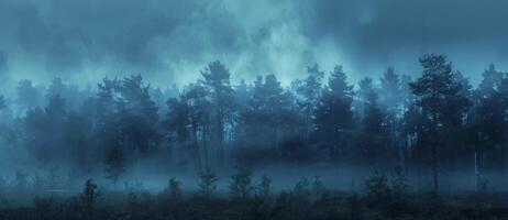 Dense Fog Envelops Tall Pine Trees in a Lush Forest photo