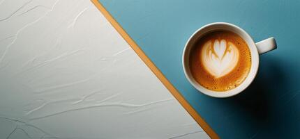 A Cup of Coffee With White Flowers on a Blue and White Background photo