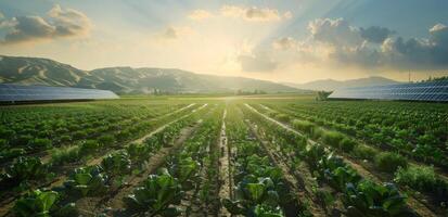 Green Rows Of Crops And Solar Panels On A Sunny Day photo