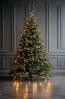 Decorated Christmas Tree With Lights in a Room With Gray Walls photo