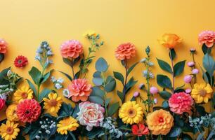 Colorful Spring Flowers Arranged on Yellow Background photo