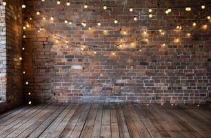 Brick Wall With String Lights and Wooden Floor photo