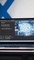 Vertical AI software on laptop used by state of Israel security services to prevent terrorism attacks. Artificial intelligence tech used by Mossad agency to defend borders, isolated over Israeli flag, camera A video
