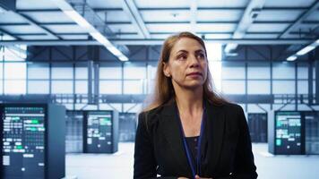 Manager inspecting server room equipment, walking between supercomputers. Supervisor doing evaluation of data center location, checking equipment, monitoring performance, camera B video