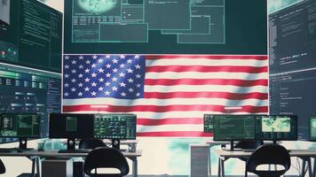 Empty cyber environment featuring the American flag on a big screen. Emphasizing cyber operations, digital safety and advanced technology for information security and cyber defense. Camera B. video