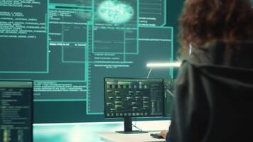 Hackers team engaging in governmental espionage and using phishing techniques for illegal access to data, working on national security breach. Spyware agency gains access on a big screen. Camera A. video