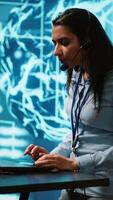Vertical Speaker talking in online webinar, exploring ways AI can positively enhance companies workforce. Presenter promoting artificial intelligence solutions during internet presentation, camera A video