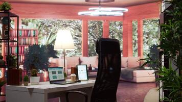 Empty home setup belonging to an entrepreneur with data sales analytics and financial reports on laptop, accountancy information and invoices for remote work. Finance and economy. video
