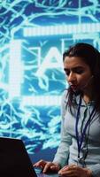 Vertical Speaker talking in online webinar, exploring ways AI can positively enhance companies workforce. Presenter promoting artificial intelligence solutions during internet presentation, camera B video