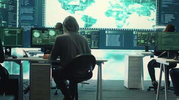 Cyber operations center with governmental hackers working on digital security activities during hybrid war. Specialists team ensuring security and malware detection, cyber surveillance. Camera A. video