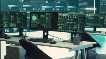 Empty governmental hacking and surveillance room with computers and network displays. Focus on cyber security monitoring, threat detection and cyber operations. Espionage agency. Camera A. video