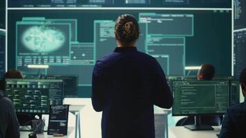 Governmental hackers at work planning advanced cyber attacks on servers infrastructure to gather intelligence, high tech spyware concept. Specialists hacking accounts for cyberwarfare. Camera B. video