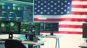 Cyber intelligence and secure operations center with USA flag on big screen. Highlighting governmental cybersecurity strategy, digital forensics and protection against cyber threats. Camera A. video