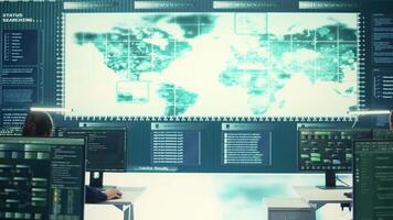 Cyber intelligence team of experts in a governmental hacking room, implementing ways to protect national secrets. Digital security, cyber surveillance and prevention of cyberterrorism. Camera B. video