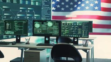 Empty cyber environment featuring the American flag on a big screen. Emphasizing cyber operations, digital safety and advanced technology for information security and cyber defense. Camera A. video