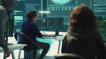 Governmental agency team conducting cyber security monitoring and threat detection tactics. IT experts work on cybercrime prevention, network security and information protection. Camera A. video