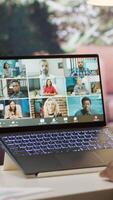 Vertical Business owner presenting the financial data reports to the investors members of the board, discussing on online videocall about expansion plans and new funding. Accounting analysis. Camera A. video