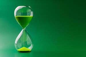 Hourglass standing still, working with time limit and limits, photo in studio on green background
