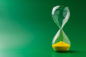 Hourglass standing still, working with time limit and limits, photo in studio on green background