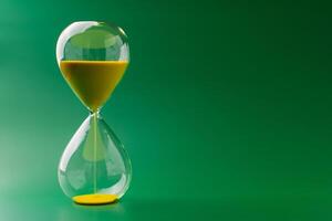 Hourglass standing still, working with time limit and limits, photo in studio on green background