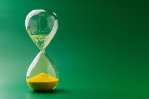 Hourglass standing still, working with time limit and limits, photo in studio on green background