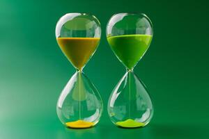 Hourglass standing still, working with time limit and limits, photo in studio on green background