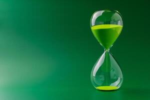 Hourglass standing still, working with time limit and limits, photo in studio on green background