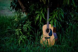 Acoustic guitar, stringed musical instrument, placed in the grass, classical guitar, playing music and relaxing. photo