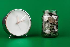 Saving coins in a glass jar creates a good financial and investment asset. Financial growth and investment returns photo