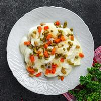 potatoes with vegetables second course natural fresh appetizer meal food snack on the table copy space food background rustic top view keto or paleo diet photo