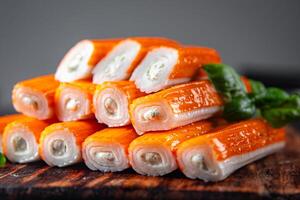 crab stick stuffing cream cheese and herbs natural fresh appetizer meal food snack on the table copy space food background rustic top view photo