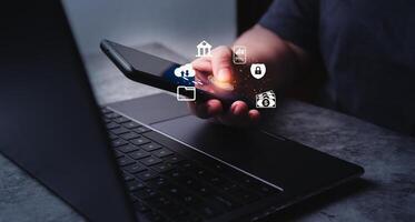 Woman use fingerprint scan for security data protection on smartphone. New technology big data and business process strategy. Automate operation. photo