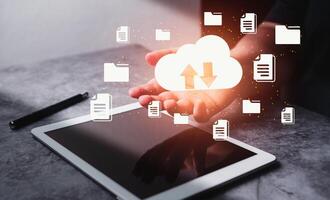 Woman use digital tablet for database storage cloud technology to transfer and sharing files. Big data information for financial online marketing. photo