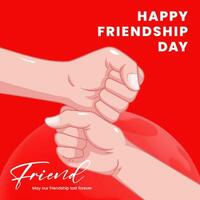 A social media poster with two hands fist bump on a red background on Friendship Day vector