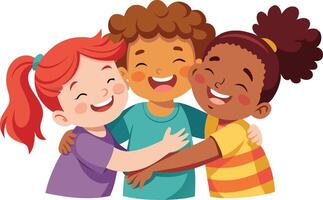 Group of diverse children hugging and smiling vector