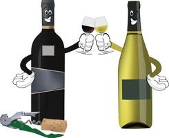 some wine bottles with cartoon glasses on them and a cork opener and clochet- vector