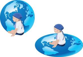 a little boy crawling on top of a globe like earth- vector