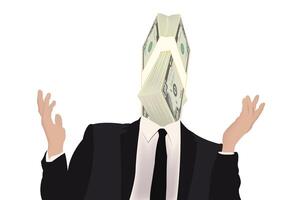 Businessman wearing suit and tie with money obscuring face vector