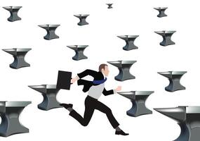 Businessman running and dodging many anvils falling from sky vector