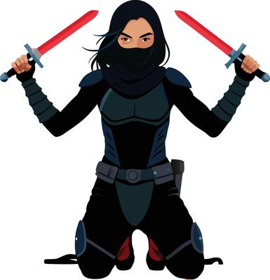 Powerful fantasy warrior woman crouching with sword and spear
