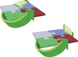 Green arrows rotating puzzle pieces representing problem solving vector