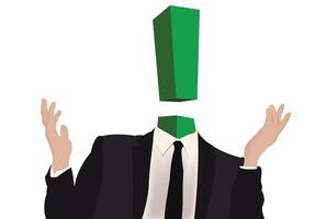 Businessman with green exclamation mark instead of head gesturing with hands vector