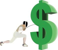 Fencer attacking giant green dollar sign with sword vector