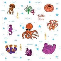 Bright and colorful illustration of various marine creatures. vector