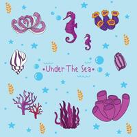 Bright and colorful illustration of various marine creatures. vector