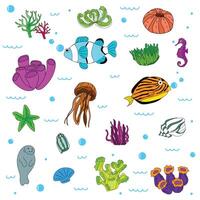 Bright and colorful illustration of various marine creatures. vector