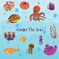 Bright and colorful illustration of various marine creatures. vector