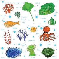 Bright and colorful illustration of various marine creatures. vector