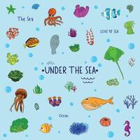 Bright and colorful illustration of various marine creatures. vector